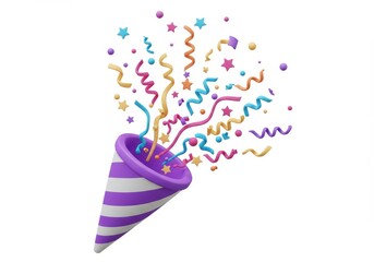 A 3D illustration of a purple party popper with white stripes, emitting colorful ribbons, stars and confetti