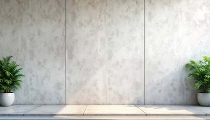 Exterior urban setting with big concrete wall. Blank space provides mockup area. Plants, white pot add touch of nature to urban landscape. Empty concrete structure with exterior facade. Mockup