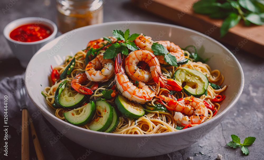 Poster a bowl of shrimp and vegetable pasta with a side of sauce. the dish is colorful and appetizing, with