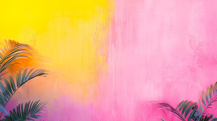 Bright yellow and pink gradient wall with tropical palm leaves creating a vibrant summer atmosphere