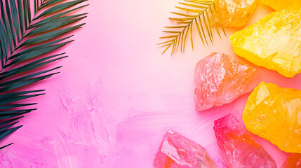 Vibrant pink and yellow crystals with tropical palm leaves on a pastel textured background, creating a fresh and exotic aesthetic
