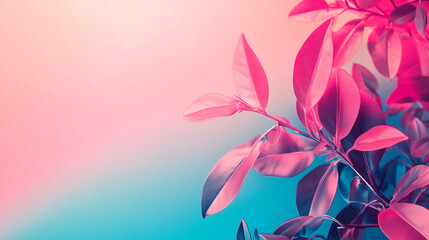 Vibrant pink leaves against a soft pastel gradient background, creating a dreamy and modern botanical aesthetic