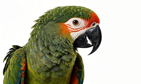 Green and yellow macaw isolated on white background. Macaw bird In animal captivity. Macaw is fluffing up his feathers and looking at the camera. portrait of a blue and yellow Macaw Parrot sitting. 