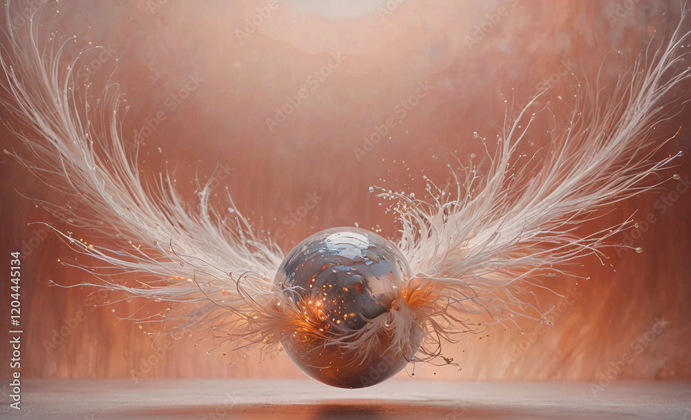 Poster A silver ball with feathers surrounding it. The feathers are in different sizes and are scattered around the ball. The image has a dreamy and surreal feel to it, as if the feathers are floating in the