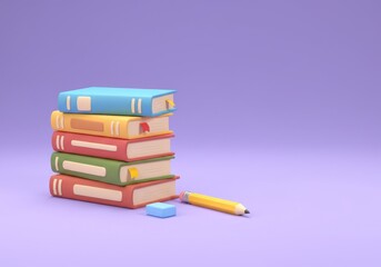 Fototapeta premium A 3D illustration of a stack of colorful books accompanied by a pencil and eraser