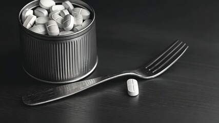 Rotating tin can with tablets and fork on dark surface showcasing product display - Powered by Adobe