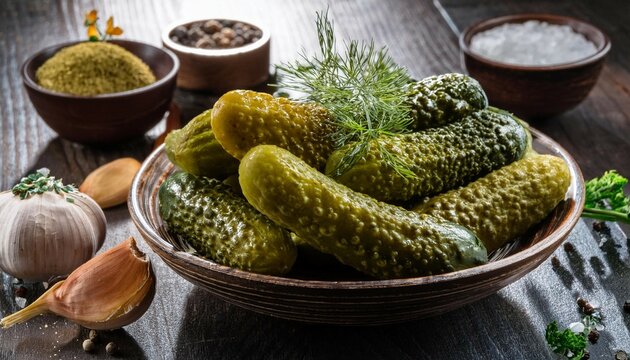 semi pickled cucumbers and gherkins served with fresh herbs and spices