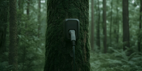 Electric vehicle charging station integrated into a forest tree, showcasing sustainable energy solutions.