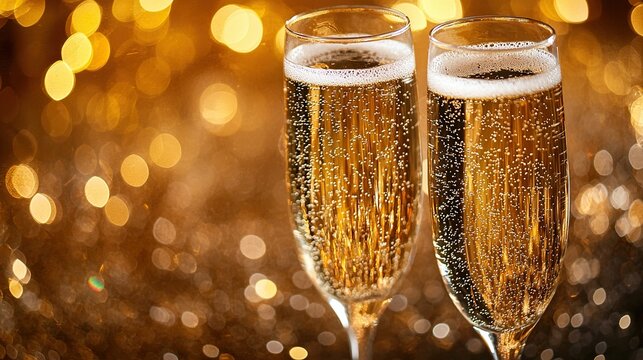 Two champagne flutes with bubbles, gold bokeh background, celebration.