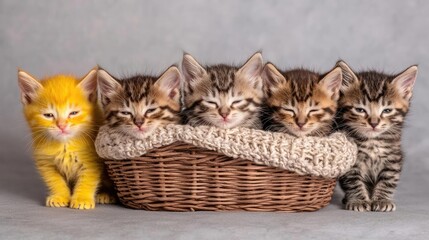 Five adorable kittens in a wicker basket against a grey background; perfect for pet-related websites or calendars