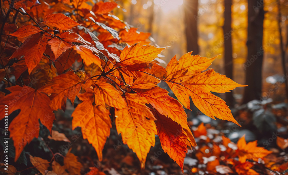 Aufkleber a tree branch with orange leaves is in the foreground. the leaves are bright and vibrant, creating a