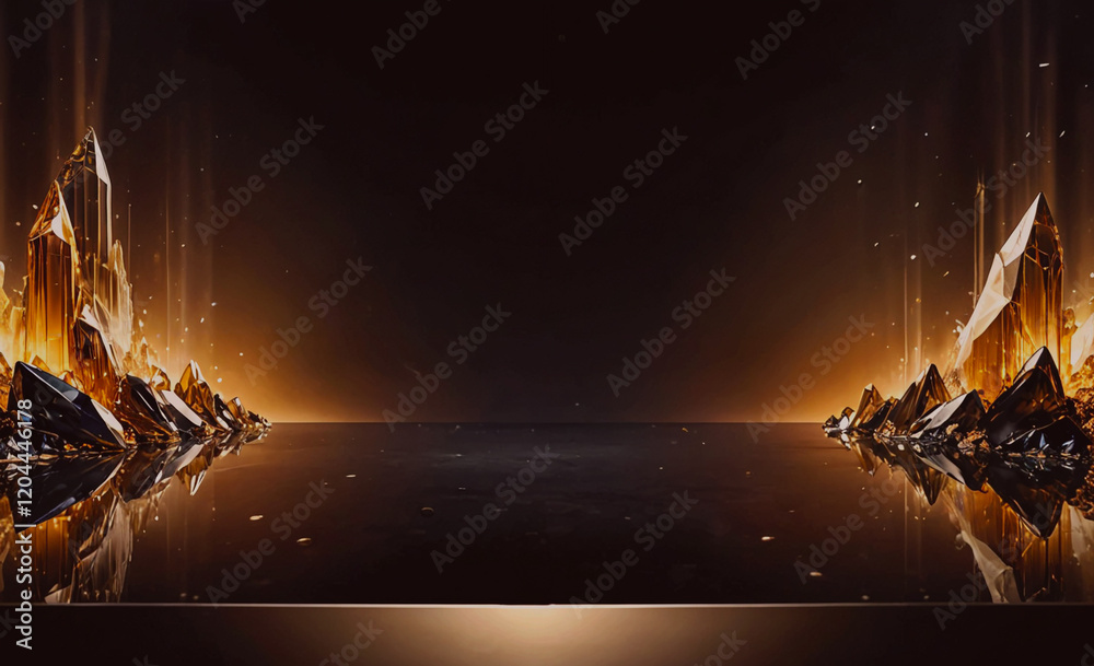 Poster a dark background with a mountain range in the foreground. the mountains are made of crystals and th