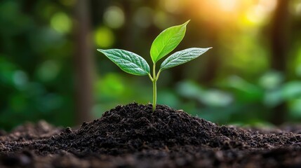 Fototapeta premium Young plant seedling growing in rich soil, sunlight background, nature, environmental conservation