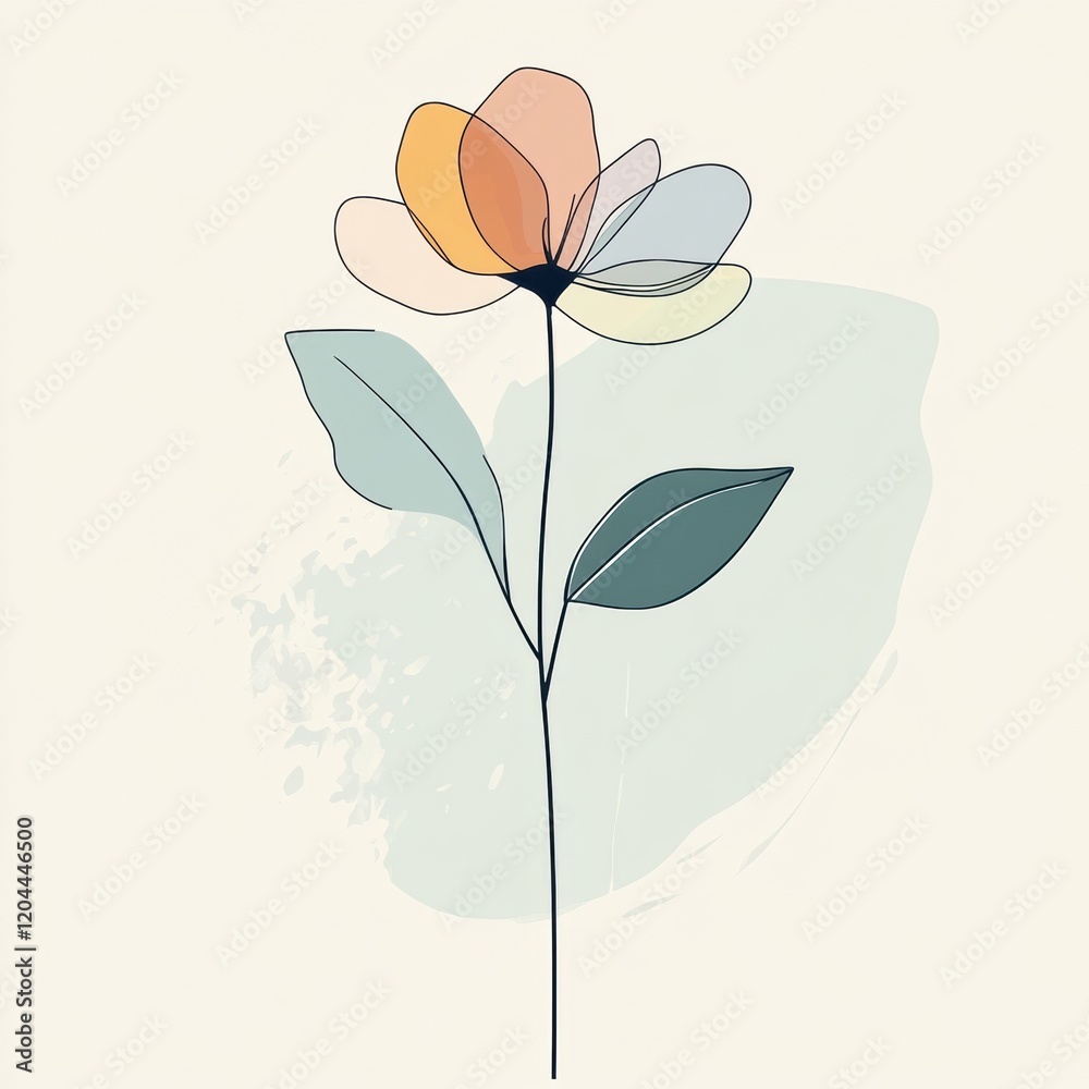 Aufkleber Colorful outline flower with delicate petals and leaves in soft tones on a light backdrop. Generative AI