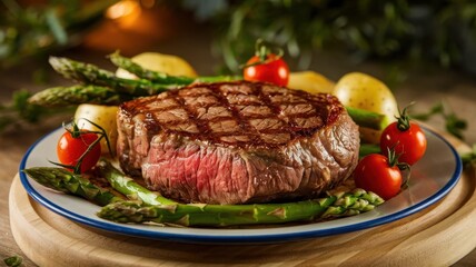 Grilled Steak Dinner with Asparagus and Cherry Tomatoes