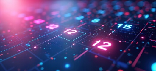 Fototapeta premium Futuristic holographic calendar displays dates, events in floating grid. Dates glow with vibrant colors. Abstract tech design. Virtual interface. Advanced technology. Cyberpunk style. Digital