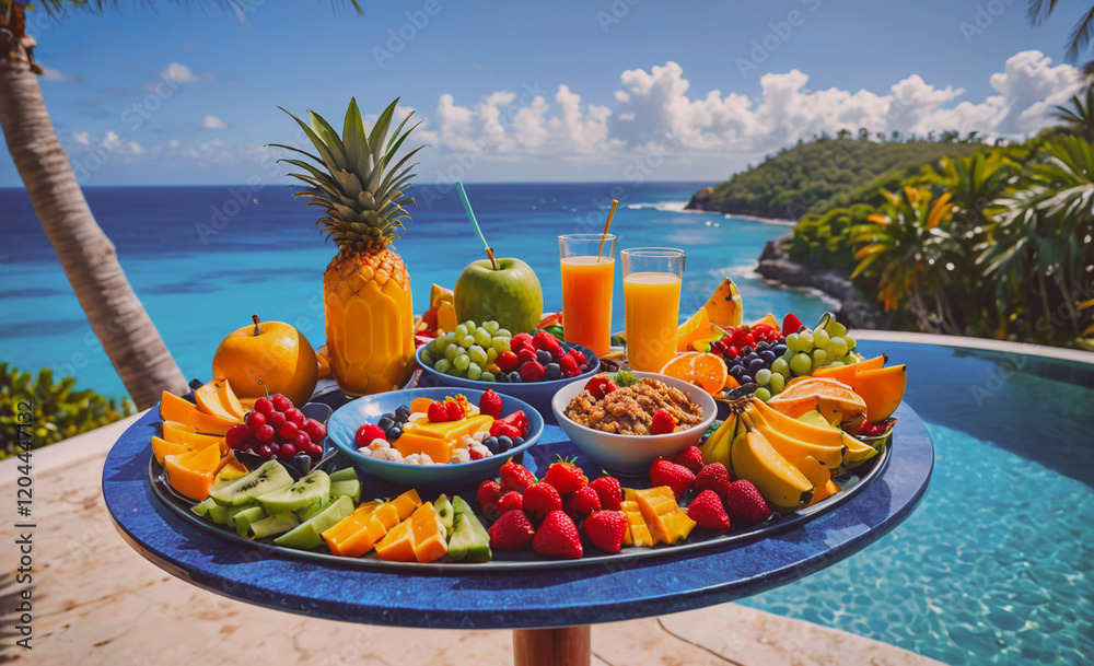 Aufkleber a table full of fruit and drinks with a beautiful ocean view in the background. scene is relaxed and