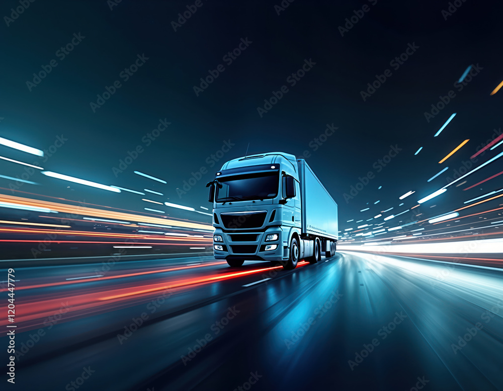 Aufkleber Futuristic truck moves fast on highway at night. Light streaks create dynamic visual effect. Modern design. Sleek vehicle. High-speed transportation. City traffic. Night scene. Transportation