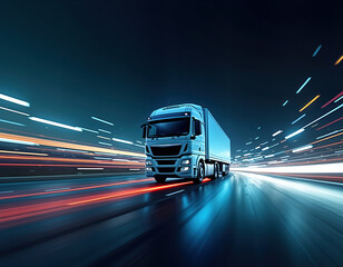 Futuristic truck moves fast on highway at night. Light streaks create dynamic visual effect. Modern design. Sleek vehicle. High-speed transportation. City traffic. Night scene. Transportation