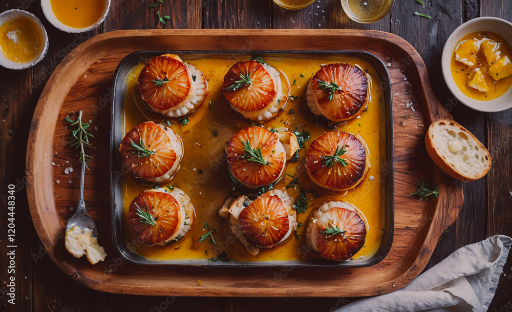 Poster a tray of food with a variety of dishes, including a tray of scallops. the tray is set on a wooden t