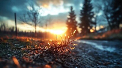 Dramatic sunset illuminating pine needles on forest path