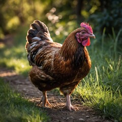 Free-Range Chicken Photograph Walking in Grass on a Peaceful Farm with Vibrant Feathers