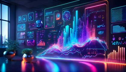 Obraz premium A futuristic digital interface featuring holographic elements, showcasing advanced data analytics with interactive graphs, charts, and glowing visuals in a high-tech setting
