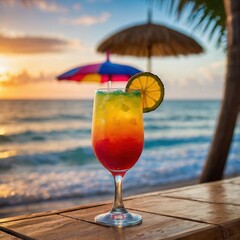 Photograph of a Refreshing Summer Cocktail by the Seaside with Tropical Fruit Garnish and Vibrant Colors at Sunset