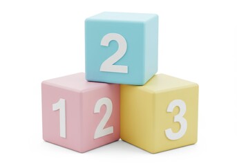 A 3D illustration of three vibrant cubes in pastel colors blue, pink and yellow stacked diagonally. Each block features a bold white number