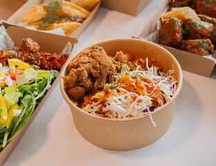 Korean fried chicken and salad in a rice bowl.