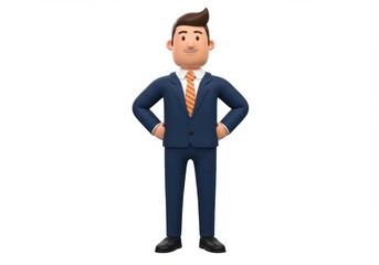 Obraz premium A 3D businessman wearing a navy blue suit white shirt and orange striped tie