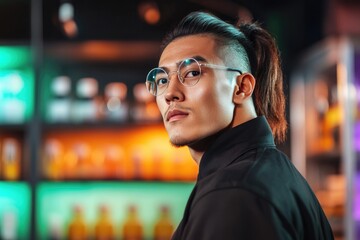 Fototapeta premium Asian young adult male with glasses in stylish urban setting