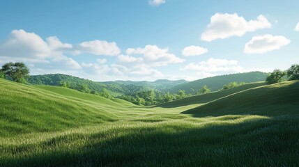 Obraz premium Lush green hills under a blue sky with scattered clouds, creating a serene and peaceful landscape view