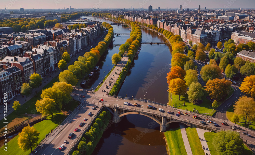 Poster A city with a river running through it and a bridge over the water. The bridge is surrounded by trees and buildings