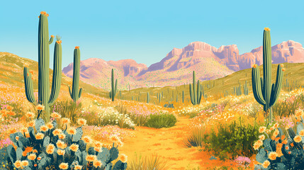 Vibrant illustration of a desert landscape with blooming flowers and tall cacti. Desert Bloom. Illustration