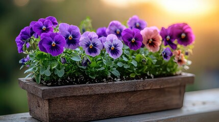 Fototapeta premium Colorful pansies in wooden planter box at sunset