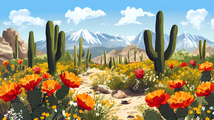 Yellow and red cactus flowers sway gently in wind, nature, desert. Desert Bloom. Illustration