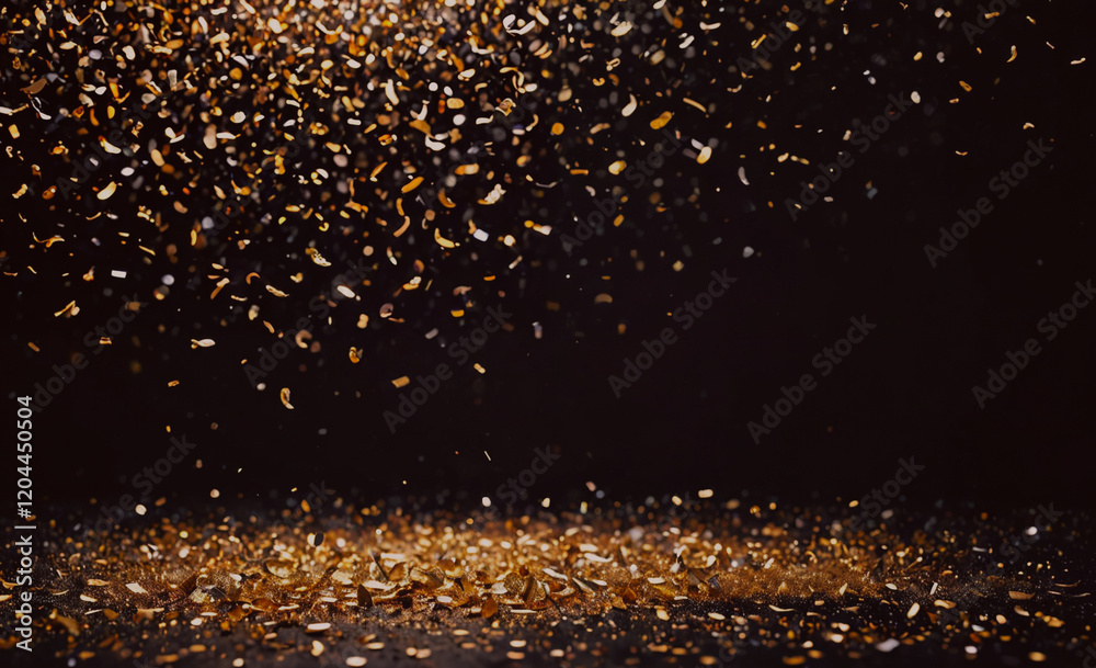 Poster a black background with gold confetti falling from the sky. the confetti is scattered all over the g