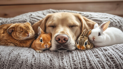 Furry friends share warmth, joy blossoms in soft sunlight, love's gentle embrace.