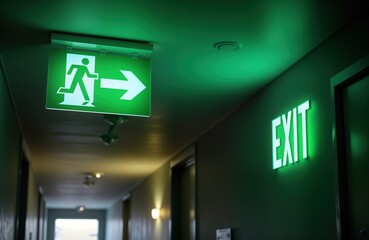 Indoor dimly lit corridor shows emergency exit signs. Bright green directional sign indicates escape route on ceiling. Matching green exit sign on door. Safety features highlight urgency for