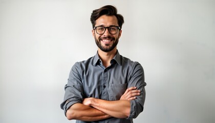 Obraz premium Confident young man smiles. Wears grey shirt, glasses. Stands in studio. Arms crossed. Looks happy, successful. Photo portrait. Background plain white. Business person. Great photo for website about