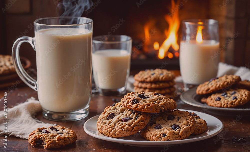 Poster a plate of cookies and a glass of milk are on a table next to a fireplace. the cookies are chocolate
