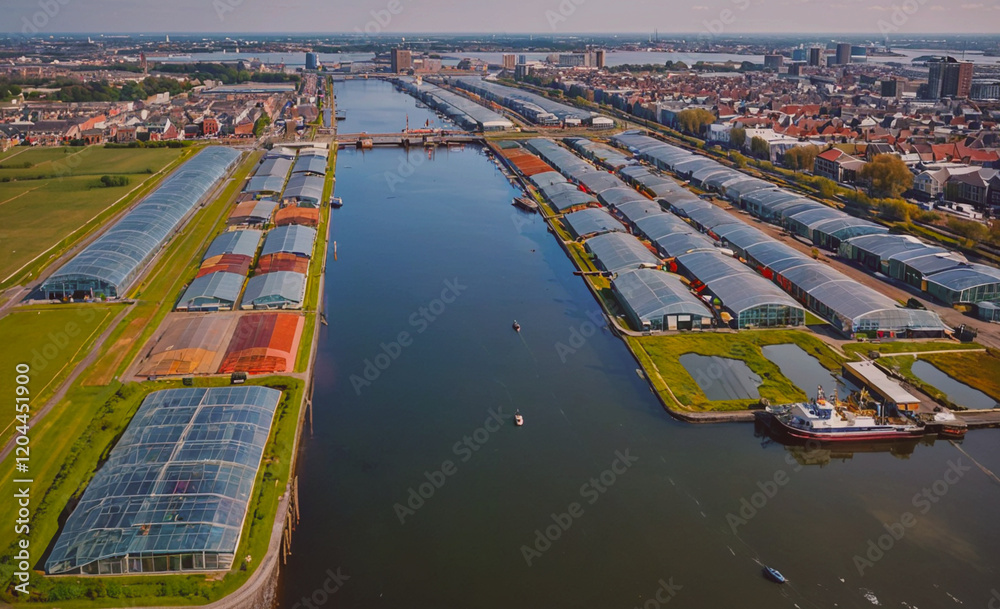 Aufkleber a city with a river running through it and a large building with a red roof. the buildings are tall 