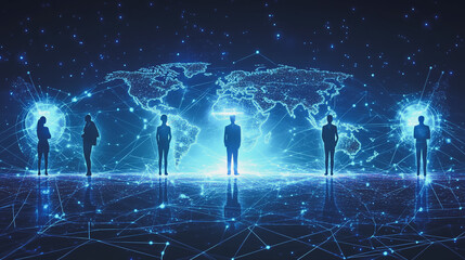 abstract professional business team people innovation connection of line from nail node to node on map background , networking concept