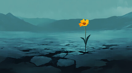 A lone yellow flower blooming from cracked, arid soil: a conceptual art symbolizing solitude in adversity and the resilience of growth. Desert Bloom. Illustration