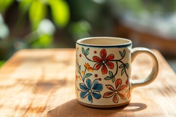 Handcrafted ceramic mug with colorful floral patterns on wooden table