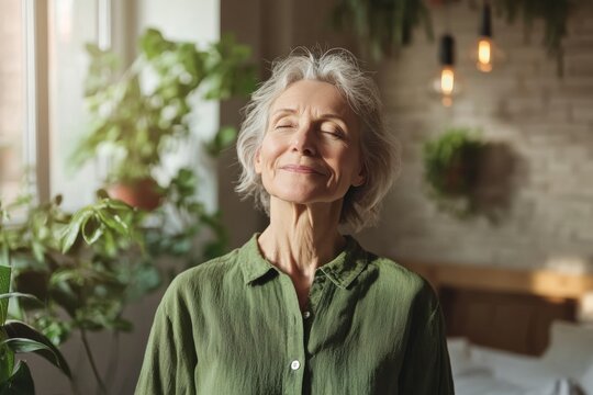 Elderly woman practicing mindful breathing in tranquil home environment