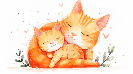 Cartoon cat and kitten sleeping together. Illustration of two cats in a loving embrace cartoon style.