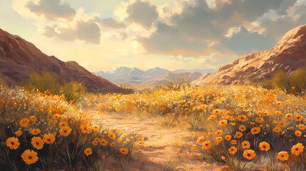 Desert flowers bloom in the warmth of golden light, serene, desert landscape, flora. Desert Bloom. Illustration