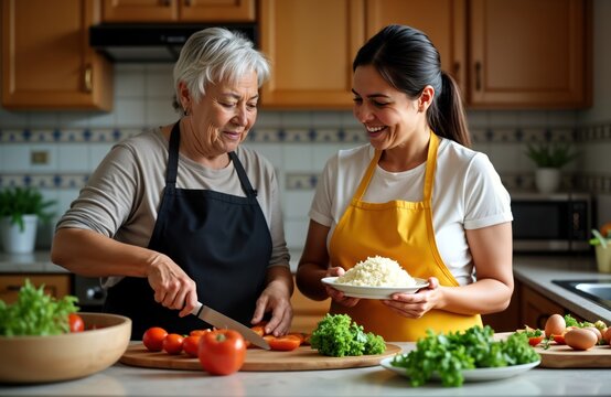 Hispanic grandmother, daughter happily cook together in home kitchen in Latin America. Prepare food like rice, vegetables. Family bonding through cooking. Elderly woman cuts tomatoes daughter holds